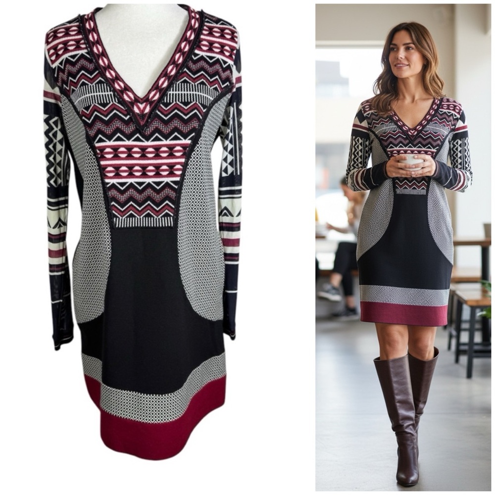 PIANURA STUDIO Geometric Patterned Black Red Spring Dress Design Roma Italy Sz M